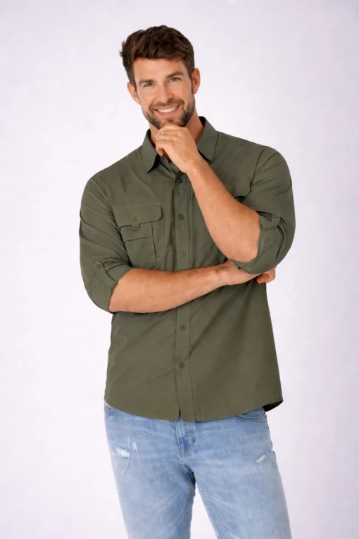 620U Camisa Pescadora Cacaballero. Marca Wusstek. Color Verde olivo